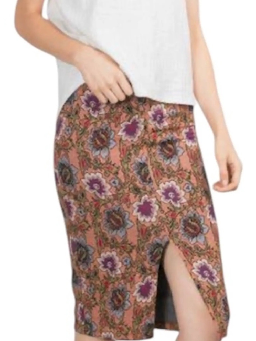 Zara Floral Pencil Skirt with Front Slit Purple Red